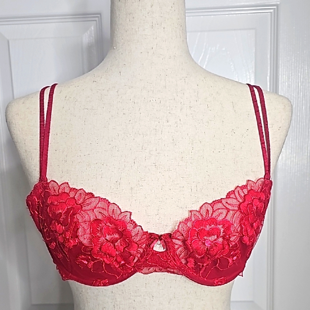 Victoria's Secret Angels Underwire Balconet Lace Adjustable Convertible 34C Red